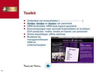 Toolkit Onderdeel van horecahelden ( www.horecahelden.nl ) Vinden ,  binden  en  boeien  van personeel HRM bindmiddel: HRM-tools logisch geordend Doorverwijzingen naar concrete hulpmiddelen en bruikbare SVH producten: vinden, binden en boeien van personeel Online beschikbaar: offline starthulp Bruikbaar bij managementlessen HRM en ondernemersplan 