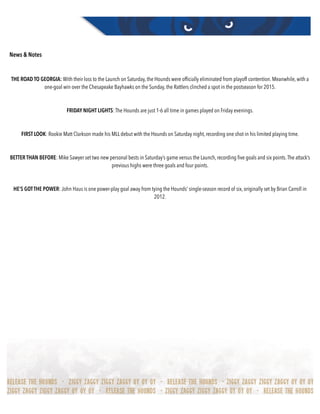 News & Notes
THE ROAD TO GEORGIA: With their loss to the Launch on Saturday, the Hounds were ofﬁcially eliminated from playoff contention. Meanwhile, with a
one-goal win over the Chesapeake Bayhawks on the Sunday, the Rattlers clinched a spot in the postseason for 2015.
FRIDAY NIGHT LIGHTS: The Hounds are just 1-6 all time in games played on Friday evenings.
FIRST LOOK: Rookie Matt Clarkson made his MLL debut with the Hounds on Saturday night, recording one shot in his limited playing time.
BETTER THAN BEFORE: Mike Sawyer set two new personal bests in Saturday’s game versus the Launch, recording ﬁve goals and six points.The attack’s
previous highs were three goals and four points.
HE’S GOTTHE POWER: John Haus is one power-play goal away from tying the Hounds’ single-season record of six, originally set by Brian Carroll in
2012.
 