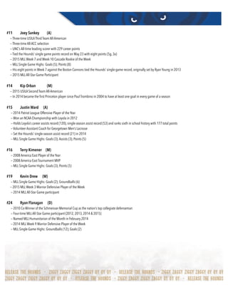 #11 Joey Sankey (A)
— Three-time USILAThird Team All-American
— Three-time All-ACC selection
— UNC’s All-time leading scorer with 229 career points
— Tied the Hounds’ single game points record on May 23 with eight points (5g, 3a)
— 2015 MLLWeek 7 and Week 10 Cascade Rookie of the Week
— MLL Single Game Highs: Goals (5); Points (8)
— His eight points in Week 7 against the Boston Cannons tied the Hounds’ single-game record, originally set by Ryan Young in 2013
— 2015 MLLAll-Star Game Participant
#14 Kip Orban (M)
— 2015 USILA Second Team All-American
— In 2014 became the ﬁrst Princeton player since Paul Trombino in 2004 to have at least one goal in every game of a season
#15 Justin Ward (A)
— 2014 Patriot League Offensive Player of the Year
— Won an NCAA Championship with Loyola in 2012
— Holds Loyola’s career assists record (120), single-season assist record (53) and ranks sixth in school history with 177 total points
— Volunteer Assistant Coach for Georgetown Men’s Lacrosse
— Set the Hounds’ single-season assist record (21) in 2014
— MLL Single Game Highs: Goals (3); Assists (3); Points (5)
#16 Terry Kimener (M)
— 2008 America East Player of the Year
— 2008 America East Tournament MVP
— MLL Single Game Highs: Goals (3); Points (5)
#19 Kevin Drew (M)
— MLL Single Game Highs: Goals (2); Groundballs (6)
— 2015 MLLWeek 3 Warrior Defensive Player of the Week
— 2014 MLLAll-Star Game participant
#24 Ryan Flanagan (D)
— 2010 Co-Winner of the Schmeisser Memorial Cup as the nation’s top collegiate defenseman
— Four-time MLLAll-Star Game participant (2012, 2013, 2014 & 2015)
— Named MLL Humanitarian of the Month in February 2014
— 2014 MLLWeek 9 Warrior Defensive Player of the Week
— MLL Single-Game Highs: Groundballs (12); Goals (2)
 