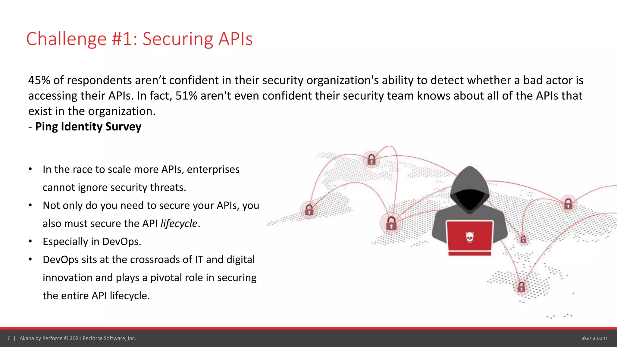 akana.com
6 | Akana by Perforce © 2021 Perforce Software, Inc.
Challenge #1: Securing APIs
• In the race to scale more APIs, enterprises
cannot ignore security threats.
• Not only do you need to secure your APIs, you
also must secure the API lifecycle.
• Especially in DevOps.
• DevOps sits at the crossroads of IT and digital
innovation and plays a pivotal role in securing
the entire API lifecycle.
45% of respondents aren’t confident in their security organization's ability to detect whether a bad actor is
accessing their APIs. In fact, 51% aren't even confident their security team knows about all of the APIs that
exist in the organization.
- Ping Identity Survey
 