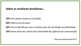 Sobre as mulheres brasileiras...
70% tem cabelo crespo ou cacheado
40% estão acima do peso
65% não se identificam com a maneira que são retratadas na publicidade
10% fazem parte dos setores de criatividade das agências de comunicação
Pesquisa realizada pela 65/10
 