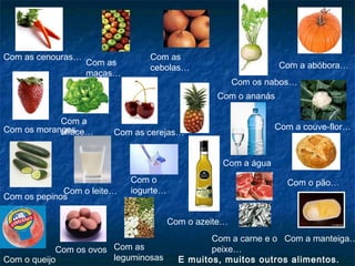 Com as cenouras…

Com as
maças…

Com as
cebolas…

Com a abóbora…
Com os nabos…
Com o ananás

Com a
Com os morangos…
alface…

Com a couve-flor…

Com as cerejas…
Com a água

Com o leite…
Com os pepinos

Com o
iogurte…

Com o pão…

Com o azeite…
Com os ovos Com as
leguminosas
Com o queijo

Com a carne e o Com a manteiga…
peixe…
E muitos, muitos outros alimentos.

 
