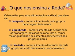 O que nos ensina a Roda?
Orientações para uma alimentação saudável, que deve
ser:
 completa – comer alimentos de cada grupo e
beber agua diariamente.
equilibrada – comer alimentos de acordo com
as proporções indicadas na roda, isto é, comer
maior quantidade de alimentos pertencentes aos
grupos maiores.
Variada – comer alimentos diferentes de cada
grupo, variando diariamente, semanalmente…
 