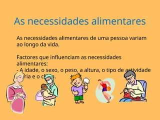 As necessidades alimentares
As necessidades alimentares de uma pessoa variam
ao longo da vida.
Factores que influenciam as necessidades
alimentares:
- A idade, o sexo, o peso, a altura, o tipo de actividade
diária e o clima.
 