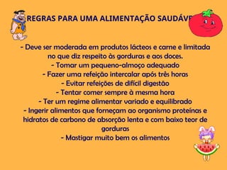 REGRAS PARA UMA ALIMENTAÇÃO SAUDÁVEL
- Deve ser moderada em produtos lácteos e carne e limitada
no que diz respeito às gorduras e aos doces.
- Tomar um pequeno-almoço adequado
- Fazer uma refeição intercalar após três horas
- Evitar refeições de difícil digestão
- Tentar comer sempre à mesma hora
- Ter um regime alimentar variado e equilibrado
- Ingerir alimentos que forneçam ao organismo proteínas e
hidratos de carbono de absorção lenta e com baixo teor de
gorduras
- Mastigar muito bem os alimentos
 