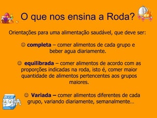 O que nos ensina a Roda? Orientações para uma alimentação saudável, que deve ser:     completa  – comer alimentos de cada grupo e beber agua diariamente.   equilibrada   – comer alimentos de acordo com as proporções indicadas na roda, isto é, comer maior quantidade de alimentos pertencentes aos grupos maiores.   Variada  –  comer alimentos diferentes de cada grupo, variando diariamente, semanalmente…  