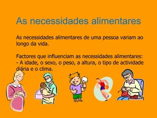 As necessidades alimentares As necessidades alimentares de uma pessoa variam ao longo da vida. Factores que influenciam as necessidades alimentares: - A idade, o sexo, o peso, a altura, o tipo de actividade diária e o clima.  