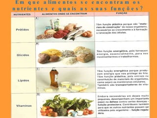 Em que alimentos se encontram os nutrientes e quais as suas funções? 