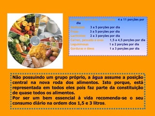 Cereais e derivados, tubérculos   4 a 11 porções   por dia Hortícolas  3 a 5 porções por dia Fruta  3 a 5 porções por dia Lacticínios   2 a 3 porções por dia Carnes, pescado e ovos   1,5 a 4,5 porções por dia Leguminosas  1 a 2 porções por dia Gorduras e óleos   1 a 3 porções por dia Não possuindo um grupo próprio, a  água  assume a posição central na nova roda dos alimentos. Isto porque, está representada em todos eles pois faz parte da constituição de quase todos os alimentos.  Por ser um bem essencial à vida recomenda-se o seu consumo diário na ordem dos 1,5 e 3 litros .  