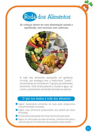 11
Roda dos Alimentos
As crianças devem ter uma alimentação variada e
equilibrada, sem excessos nem carências.
O que nos ensina a roda dos alimentos
A roda dos alimentos apresenta um grafismo
circular, por analogia com o tradicional “prato”,
encontrando-se dividida em 7 grupos de diferentes
tamanhos. Está ainda patente a alusão à água, ao
centro, presente em alimentos de todos os setores.
Ingerir diariamente alimentos de cada setor proporciona
uma alimentação completa;
Ingerir mais alimentos pertencentes aos setores de maior
dimensão;
Primar pela diversidade alimentar dentro de cada setor;
Seguir as indicações da roda alimentar, contribuindo para a
manutenção de um estilo de vida saudável e balanceado!
 