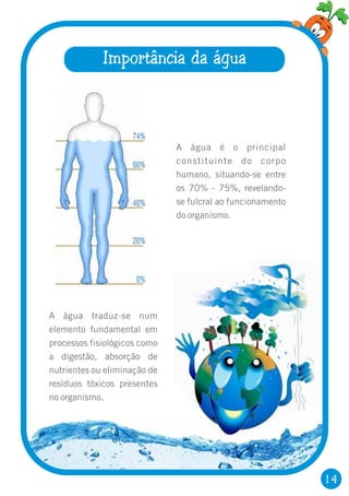 14
Importância da água
A água é o principal
constituinte do corpo
humano, situando-se entre
os 70% - 75%, revelando-
se fulcral ao funcionamento
do organismo.
A água traduz-se num
elemento fundamental em
processos fisiológicos como
a digestão, absorção de
nutrientes ou eliminação de
resíduos tóxicos presentes
no organismo.
 