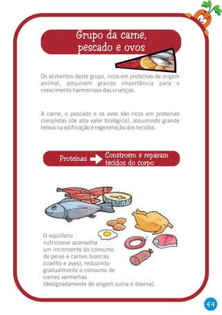 Grupo da carne,
pescado e ovos
Os alimentos deste grupo, ricos em proteínas de origem
animal, adquirem grande importância para o
crescimento harmonioso das crianças.
44
Proteínas Constroem e reparam
tecidos do corpo
A carne, o pescado e os ovos são ricos em proteínas
completas (de alto valor biológico), assumindo grande
relevo na edificação e regeneração dos tecidos.
O equilíbrio
nutricional aconselha
um incremento do consumo
de peixe e carnes brancas
(coelho e aves), reduzindo
gradualmente o consumo de
carnes vermelhas
(designadamente de origem suína e bovina).
 