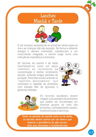 O ser humano necessita de se alimentar várias vezes ao
dia e as crianças não são exceção. De forma a obterem
energia e demais nutrientes, substanciais a um
crescimento integrado, o lanche surge como uma
refeição de importância a fomentar.
Os lanches da manhã e da tarde
manifestam-se como um apoio
indelével ao incremento da
concentração e melhor rendimento
escolar, evitando longos períodos de
privação. Permitem ainda controlar os
“apetites devoradores” que
conduzem à ingestão de alimentos
com elevado teor de açúcares e
gorduras nefastas.
Os lanches saudáveis devem
integrar uma panóplia de alimentos
que podem ser encontrados em
diversos grupos da roda dos
alimentos, nomeadamente cereais,
fruta/hortícolas e laticínios.
62
Lanches
Manhã e Tarde
Tanto no período da manhã como no da tarde,
os lanches devem primar por um elenco que
observe a prevalência de pão escuro,
leite e/ou derivados e fruta/hortícolas
 
