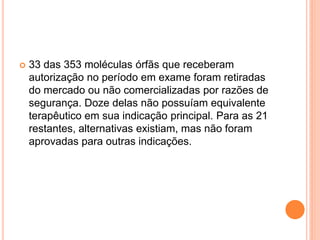    33 das 353 moléculas órfãs que receberam
    autorização no período em exame foram retiradas
    do mercado ou não comercializadas por razões de
    segurança. Doze delas não possuíam equivalente
    terapêutico em sua indicação principal. Para as 21
    restantes, alternativas existiam, mas não foram
    aprovadas para outras indicações.
 