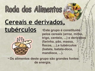 Roda dos Alimentos Cereais e derivados, tubérculos Os alimentos deste grupo são grandes fontes de energia.  Este grupo é constituído pelos cereais (arroz, milho, trigo, centeio, ...) e derivados (farinha, pão, massa, flocos, ...),e tubérculos (batata, batata-doce, mandioca, ...).  