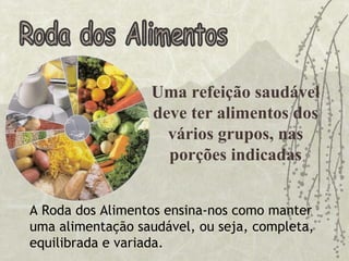 Roda dos Alimentos Uma refeição saudável deve ter alimentos dos vários grupos, nas porções indicadas A Roda dos Alimentos ensina-nos como manter uma alimentação saudável, ou seja, completa, equilibrada e variada.   