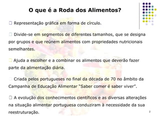 O que é a Roda dos Alimentos? Representação gráfica em forma de círculo. Divide-se em segmentos de diferentes tamanhos, que se designa  por grupos e que  reúnem alimentos com propriedades nutricionais  semelhantes.  Ajuda a escolher e a combinar os alimentos que deverão fazer  parte da alimentação diária. Criada pelos portugueses no final da década de 70 no âmbito da  Campanha de Educação Alimentar “Saber comer é saber viver”. A evolução dos conhecimentos científicos e as diversas alterações na situação alimentar portuguesa conduziram à necessidade da sua  reestruturação. 