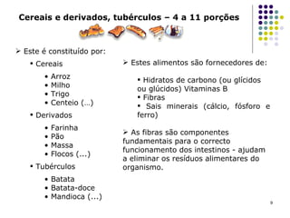 Cereais e derivados, tubérculos   – 4 a 11 porções Este é constituído por:  Cereais Arroz Milho Trigo  Centeio (…)  Derivados Farinha Pão Massa Flocos (...) Tubérculos Batata Batata-doce  Mandioca (...)  Estes alimentos são fornecedores de:  Hidratos de carbono (ou glícidos ou glúcidos) Vitaminas B Fibras Sais minerais (cálcio, fósforo e ferro) As fibras são componentes fundamentais para o correcto funcionamento dos intestinos - ajudam a eliminar os resíduos alimentares do organismo. 
