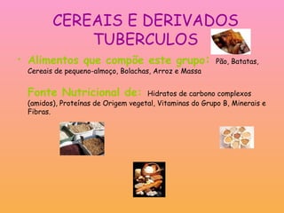 CEREAIS E DERIVADOS TUBERCULOS Alimentos que compõe este grupo :   Pão, Batatas, Cereais de pequeno-almoço, Bolachas, Arroz e Massa  Fonte Nutricional de:   Hidratos de carbono complexos (amidos), Proteínas de Origem vegetal, Vitaminas do Grupo B, Minerais e Fibras.  