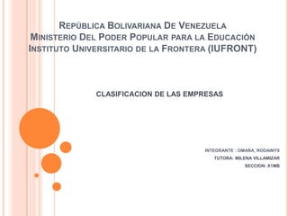 REPÚBLICA BOLIVARIANA DE VENEZUELA
MINISTERIO DEL PODER POPULAR PARA LA EDUCACIÓN
INSTITUTO UNIVERSITARIO DE LA FRONTERA (IUFRONT)

CLASIFICACION DE LAS EMPRESAS

INTEGRANTE : OMAÑA, RODAINYS
TUTORA: MILENA VILLAMIZAR
SECCION: X1MB

 