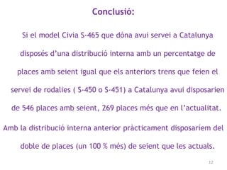 Conclusió:
Si el model Civia S-465 que dóna avui servei a Catalunya
disposés d’una distribució interna amb un percentatge de
places amb seient igual que els anteriors trens que feien el
servei de rodalies ( S-450 o S-451) a Catalunya avui disposarien
de 546 places amb seient, 269 places més que en l’actualitat.
Amb la distribució interna anterior pràcticament disposaríem del
doble de places (un 100 % més) de seient que les actuals.
12
 