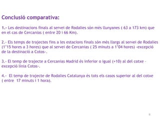 9
Conclusió comparativa:
1.- Les destinacions finals al servei de Rodalies són més llunyanes ( 63 a 173 km) que
en el cas de Cercanias ( entre 20 i 66 Km).
2.- Els temps de trajectes fins a les estacions finals són més llargs al servei de Rodalies
(1’15 hores a 3 hores) que al servei de Cercanias ( 25 minuts a 1’04 hores) -excepció
de la destinació a Cotos-.
3.- El temp de trajecte a Cercanias Madrid és inferior o igual (+10) al del cotxe –
excepció línia Cotos-.
4.- El temp de trajecte de Rodalies Catalunya és tots els casos superior al del cotxe
( entre 17 minuts i 1 hora).
 