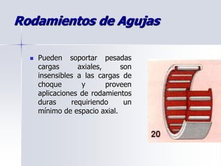 Rodamientos de Agujas
 Pueden soportar pesadas
cargas axiales, son
insensibles a las cargas de
choque y proveen
aplicaciones de rodamientos
duras requiriendo un
mínimo de espacio axial.
 