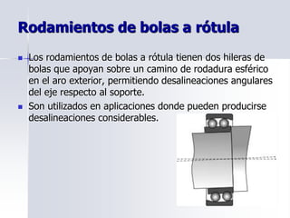 Rodamientos de bolas a rótula
 Los rodamientos de bolas a rótula tienen dos hileras de
bolas que apoyan sobre un camino de rodadura esférico
en el aro exterior, permitiendo desalineaciones angulares
del eje respecto al soporte.
 Son utilizados en aplicaciones donde pueden producirse
desalineaciones considerables.
 