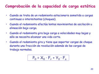20
Comprobación de la capacidad de carga estática
• Cuando se trata de un rodamiento estacionario sometido a cargas
continuas o intermitentes (choques).
• Cuando el rodamiento efectúa lentos movimientos de oscilación u
alineación bajo carga.
• Cuando el rodamiento gira bajo carga a velocidades muy bajas y
sólo se necesita alcanzar una vida corta.
• Cuando el rodamiento gira y tiene que soportar cargas de choque
durante una fracción de revolución además de las cargas de
trabajo normales.
P0 = X0 · Fr + Y0 · Fa
 