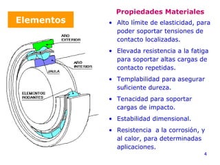 4
Elementos
Propiedades Materiales
• Alto límite de elasticidad, para
poder soportar tensiones de
contacto localizadas.
• Elevada resistencia a la fatiga
para soportar altas cargas de
contacto repetidas.
• Templabilidad para asegurar
suficiente dureza.
• Tenacidad para soportar
cargas de impacto.
• Estabilidad dimensional.
• Resistencia a la corrosión, y
al calor, para determinadas
aplicaciones.
 