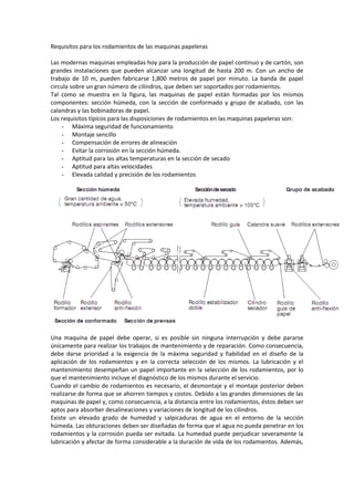 Requisitos para los rodamientos de las maquinas papeleras

Las modernas maquinas empleadas hoy para la producción de papel continuo y de cartón, son
grandes instalaciones que pueden alcanzar una longitud de hasta 200 m. Con un ancho de
trabajo de 10 m, pueden fabricarse 1,800 metros de papel por minuto. La banda de papel
circula sobre un gran número de cilindros, que deben ser soportados por rodamientos.
Tal como se muestra en la figura, las maquinas de papel están formadas por los mismos
componentes: sección húmeda, con la sección de conformado y grupo de acabado, con las
calandras y las bobinadoras de papel.
Los requisitos típicos para las disposiciones de rodamientos en las maquinas papeleras son:
    - Máxima seguridad de funcionamiento
    - Montaje sencillo
    - Compensación de errores de alineación
    - Evitar la corrosión en la sección húmeda.
    - Aptitud para las altas temperaturas en la sección de secado
    - Aptitud para altas velocidades
    - Elevada calidad y precisión de los rodamientos




Una maquina de papel debe operar, si es posible sin ninguna interrupción y debe pararse
únicamente para realizar los trabajos de mantenimiento y de reparación. Como consecuencia,
debe darse prioridad a la exigencia de la máxima seguridad y fiabilidad en el diseño de la
aplicación de los rodamientos y en la correcta selección de los mismos. La lubricación y el
mantenimiento desempeñan un papel importante en la selección de los rodamientos, por lo
que el mantenimiento incluye el diagnóstico de los mismos durante el servicio.
Cuando el cambio de rodamientos es necesario, el desmontaje y el montaje posterior deben
realizarse de forma que se ahorren tiempos y costos. Debido a las grandes dimensiones de las
maquinas de papel y, como consecuencia, a la distancia entre los rodamientos, éstos deben ser
aptos para absorber desalineaciones y variaciones de longitud de los cilindros.
Existe un elevado grado de humedad y salpicaduras de agua en el entorno de la sección
húmeda. Las obturaciones deben ser diseñadas de forma que el agua no pueda penetrar en los
rodamientos y la corrosión pueda ser evitada. La humedad puede perjudicar severamente la
lubricación y afectar de forma considerable a la duración de vida de los rodamientos. Además,
 