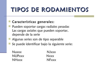 TIPOS DE RODAMIENTOSTIPOS DE RODAMIENTOS
 Características generales:
 Pueden soportar cargas radiales pesadas
Las cargas axiales que pueden soportar,
depende de la serie
 Algunas series son de tipo separable
 Se puede identificar bajo la siguiente serie:
Nuxxx NJxxx
NUPxxx Nxxx
NHxxx NFxxx
 