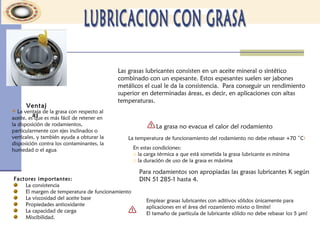 La grasa no evacua el calor del rodamiento.
La temperatura de funcionamiento del rodamiento no debe rebasar +70 ˚C!
En estas condiciones:
o la carga térmica a que está sometida la grasa lubricante es mínima
o la duración de uso de la grasa es máxima
Para rodamientos son apropiadas las grasas lubricantes K según
DIN 51 285-1 hasta 4.
Emplear grasas lubricantes con aditivos sólidos únicamente para
aplicaciones en el área del rozamiento mixto o límite!
El tamaño de partícula de lubricante sólido no debe rebasar los 5 m!μ
Ventaj
as
 La ventaja de la grasa con respecto al
aceite, es que es más fácil de retener en
la disposición de rodamientos,
particularmente con ejes inclinados o
verticales, y también ayuda a obturar la
disposición contra los contaminantes, la
humedad o el agua.
Las grasas lubricantes consisten en un aceite mineral o sintético
combinado con un espesante. Estos espesantes suelen ser jabones
metálicos el cual le da la consistencia. Para conseguir un rendimiento
superior en determinadas áreas, es decir, en aplicaciones con altas
temperaturas.
Factores importantes:
La consistencia
El margen de temperatura de funcionamiento
La viscosidad del aceite base
Propiedades antioxidante
La capacidad de carga
Miscibilidad.
 