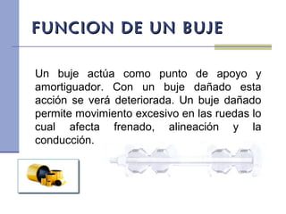 FUNCION DE UN BUJEFUNCION DE UN BUJE
Un buje actúa como punto de apoyo y
amortiguador. Con un buje dañado esta
acción se verá deteriorada. Un buje dañado
permite movimiento excesivo en las ruedas lo
cual afecta frenado, alineación y la
conducción.
 
