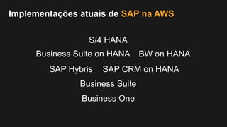 Business Suite
Business Suite on HANA BW on HANA
SAP Hybris
S/4 HANA
SAP CRM on HANA
Business One
Implementações atuais de SAP na AWS
 