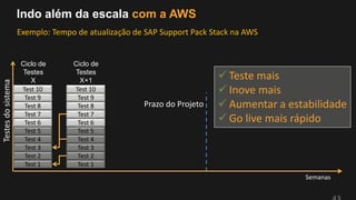 Test 1
Semanas
Test 2
Test 3
Test 4
Test 5
Test 6
Test 7
Test 8
Test 9
Test 10
 Teste mais
 Inove mais
 Aumentar a estabilidade
 Go live mais rápido
Test 1
Test 2
Test 3
Test 4
Test 5
Test 6
Test 7
Test 8
Test 9
Test 10
Ciclo de
Testes
X
Indo além da escala com a AWS
Exemplo: Tempo de atualização de SAP Support Pack Stack na AWS
Testesdosistema
Prazo do Projeto
Ciclo de
Testes
X+1
 