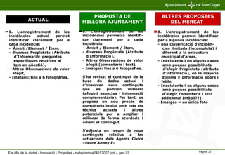 8. L’enregistrament de les incidències actual permet identificar clarament per a cada incidència:  -  Àmbit /Element / Ítem,  - diverses Propietats (Atributs    d’Informació: preguntes    específiques relatives al    ítem en qüestió). - Altres Observacions de valor    afegit,  - Imatges: fins a 6 fotogràfies. 8. L’enregistrament de les incidències permet identificar per a algunes incidències: - una classificació d’incidèn-    cies limitada (incompleta) i    diferent a la estructura      municipal d’àrees. - Inexistents i en alguns casos    amb poques possibilitats    d’afegir Propietats (atributs    d’informació), en la majoria    d’items = Informació pobre i    feble. - Inexistents i en alguns casos    amb poques possibilitats    d’afegir comentaris i text    addicional (mòbil??) - Imatges = un única foto 8. L’enregistrament de les incidències permetrà identifi-car clarament per a cada incidència:  -  Àmbit / Element / Ítem,  - diverses Propietats (Atributs    d’Informació). - Altres Observacions de valor    afegit (comentaris i text). - Imatges: fins a 6 fotografies. S’ha revisat el contingut de la base de dades actual i s’observen nous continguts que es podrien millorar (afegint aspectes i informació complementària). Per tant, es proposa un nou procés de consultoria inicial amb tots els tècnics actuals i altres potencials per a ampliar i millorar de forma acordada i adient el contingut. S’adjunta un resum de nous continguts relatius a les actuacions dels Agents Cívics  –veure Annex E- ACTUAL PROPOSTA DE MILLORA AJUNTAMENT   ALTRES PROPOSTES DEL MERCAT  Els ulls de la ciutat - Innovació i Projectes - rodapremsa24012007.ppt – gen 07 