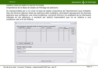 EXEMPLE: BASE DE DADES FILTRATGE PETICIONS Importància de la Base de Dades de Filtratge de peticions:  Es imprescindible per a no viciar la base de dades corporativa de l’Ajuntamemt (que treballen tots els tècnics) depurar totes les peticions dels ciutadans, permetent agrupacions de diverses peticions que configuren una única incidència, correcció d’errors i/o ampliació de la informació indicada en les peticions, o anulació per petició improcedent que no es relativa a una incidència real a la Via Pública. - Annex A - Els ulls de la ciutat - Innovació i Projectes - rodapremsa24012007.ppt – gen 07 