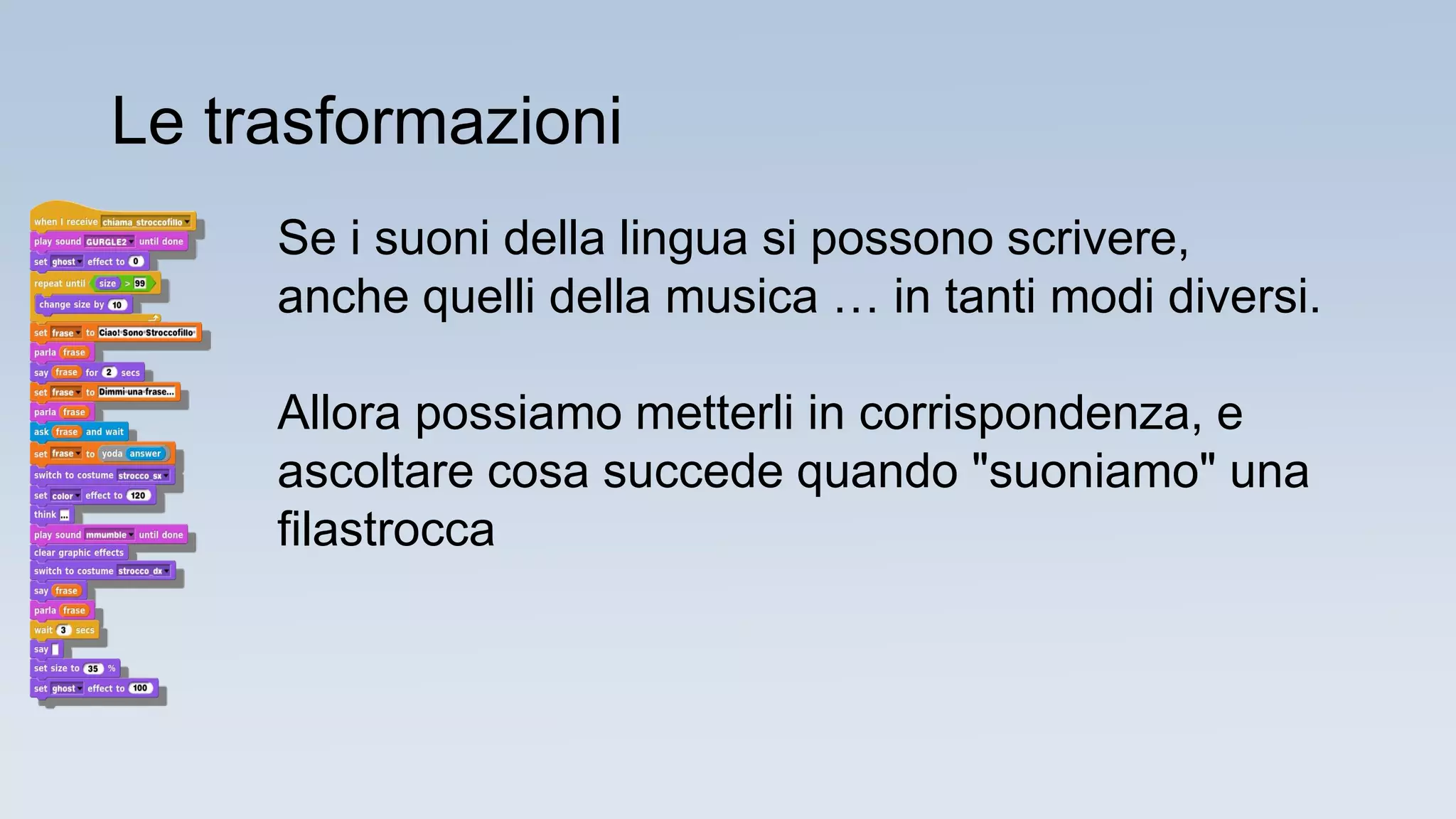 Se i suoni della lingua si possono scrivere,
anche quelli della musica … in tanti modi diversi.
Allora possiamo metterli in corrispondenza, e
ascoltare cosa succede quando "suoniamo" una
filastrocca
Le trasformazioni
 
