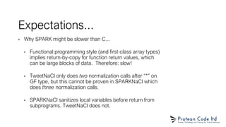 Expectations...
• Why SPARK might be slower than C...
• Functional programming style (and first-class array types)
implies return-by-copy for function return values, which
can be large blocks of data. Therefore: slow!
• TweetNaCl only does two normalization calls after “*” on
GF type, but this cannot be proven in SPARKNaCl which
does three normalization calls.
• SPARKNaCl sanitizes local variables before return from
subprograms. TweetNaCl does not.
 