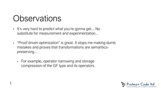 Observations
• It’s very hard to predict what you’re gonna get... No
substitute for measurement and experimentation...
• “Proof driven optimization” is great. It stops me making dumb
mistakes and proves that transformations are semantics-
preserving...
• For example, operator narrowing and storage
compression of the GF type and its operators.
1
 