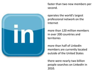 faster than two new members per second.operates the world’s largest professional network on the Internetmore than 120 million members in over 200 countries and territoriesmore than half of LinkedIn members are currently located outside of the United Statesthere were nearly two billion people searches on LinkedIn in 2010.