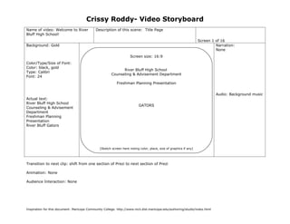 Crissy Roddy- Video Storyboard
Name of video: Welcome to River              Description of this scene: Title Page
Bluff High School!
                                                                                                                   Screen 1 of 16
Background: Gold                                                                                                            Narration:
                                                                                                                            None
                                                                    Screen size: 16:9
Color/Type/Size of Font:
Color: black, gold
                                                             River Bluff High School
Type: Calibri
                                                       Counseling & Advisement Department
Font: 24
                                                          Freshman Planning Presentation


                                                                                                                            Audio: Background music
Actual text:
River Bluff High School
                                                                          GATORS
Counseling & Advisement
Department
Freshman Planning
Presentation
River Bluff Gators




                                               (Sketch screen here noting color, place, size of graphics if any)




Transition to next clip: shift from one section of Prezi to next section of Prezi

Animation: None

Audience Interaction: None




Inspiration for this document: Maricopa Community College. http://www.mcli.dist.maricopa.edu/authoring/studio/index.html
 