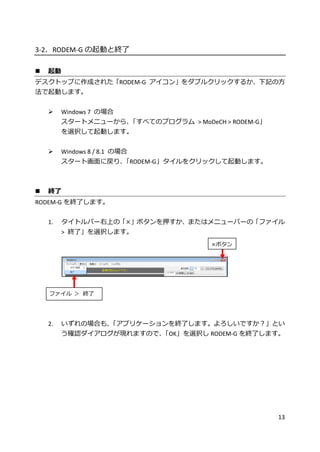 13
3-2．RODEM-G の起動と終了
 起動
デスクトップに作成された「RODEM-G アイコン」をダブルクリックするか、下記の方
法で起動します。
 Windows 7 の場合
スタートメニューから、「すべてのプログラム > MoDeCH > RODEM-G」
を選択して起動します。
 Windows 8 / 8.1 の場合
スタート画面に戻り、「RODEM-G」タイルをクリックして起動します。
 終了
RODEM-G を終了します。
1. タイトルバー右上の「×」ボタンを押すか、またはメニューバーの「ファイル
> 終了」を選択します。
2. いずれの場合も、「アプリケーションを終了します。よろしいですか？」とい
う確認ダイアログが現れますので、「OK」を選択し RODEM-G を終了します。
×ボタン
ファイル ＞ 終了
 