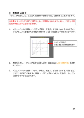 27
 画像のトリミング
トリミング機能により、読み込んだ画像の一部を切り出して使用することができます。
※注意※ トリミングを行うと既存のトレース情報は失われます。また、トリミング実
行前の状態に戻すことはできません。
1. メニューバーの「画像 > トリミング開始」を選ぶ、または Ctrl+T を入力すると、
グラフエリアに水色または青色の点線でトリミング範囲を示す線が表示されます。
2. 点線を操作し、トリミング範囲を決定します。調整方法は p.30『調整方法』をご参
照ください。
3. メニューバーの「画像 > トリミング実行」を選ぶ、または Ctrl+T を入力すると、
トリミングが実行されます。「画像 > トリミングキャンセル」を選ぶと、トリミン
グ操作がキャンセルされます。
トリミング範囲が、
水色と青色の点線で囲まれます。
 