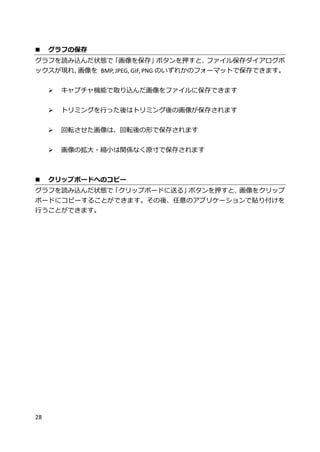 28
 グラフの保存
グラフを読み込んだ状態で「画像を保存」ボタンを押すと、ファイル保存ダイアログボ
ックスが現れ、画像を BMP, JPEG, GIF, PNG のいずれかのフォーマットで保存できます。
 キャプチャ機能で取り込んだ画像をファイルに保存できます
 トリミングを行った後はトリミング後の画像が保存されます
 回転させた画像は、回転後の形で保存されます
 画像の拡大・縮小は関係なく原寸で保存されます
 クリップボードへのコピー
グラフを読み込んだ状態で「クリップボードに送る」ボタンを押すと、画像をクリップ
ボードにコピーすることができます。その後、任意のアプリケーションで貼り付けを
行うことができます。
 