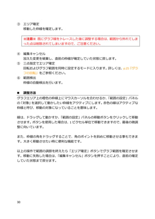 30
③ エリア確定
移動した枠線を確定します。
※注意※ 既にグラフ線をトレースした後に調整する場合は、範囲から外れてしま
った点は削除されてしまいますので、ご注意ください。
④ 編集キャンセル
加えた変更を破棄し、直前の枠線が確定していた状態に戻します。
⑤ 三点指定でエリア確定
回転およびグラフ範囲を同時に設定するモードに入ります。詳しくは、p.25『グラ
フの回転』をご参照ください。
⑥ 範囲検出
枠線の自動検出を行います。
 調整方法
グラフエリア上の橙色の枠線上にマウスカーソルを合わせるか、「範囲の設定」パネル
の「対象」を選択して動かしたい枠線をアクティブにします。赤色の線はアクティブな
枠線と呼び、移動の対象になっていることを意味します。
線は、ドラッグして動かすか、「範囲の設定」パネルの移動ボタンをクリックして移動
させます。ボタンを使用した場合は、1 ピクセル単位で移動できますので、最後の微調
整に向いています。
また、枠線の角をドラッグすることで、角のポイントを斜めに移動させる事もできま
す。大きく移動させたい時に便利な機能です。
以上の操作で範囲の調節を終えたら「エリア確定」ボタンでグラフ範囲を確定させま
す。移動に失敗した場合は、「編集キャンセル」ボタンを押すことにより、直前の確定
していた状態まで戻せます。
 