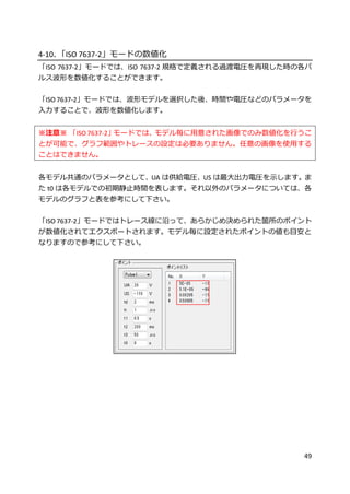 49
4-10．「ISO 7637-2」モードの数値化
「ISO 7637-2」モードでは、ISO 7637-2 規格で定義される過渡電圧を再現した時の各パ
ルス波形を数値化することができます。
「ISO 7637-2」モードでは、波形モデルを選択した後、時間や電圧などのパラメータを
入力することで、波形を数値化します。
※注意※ 「ISO 7637-2」モードでは、モデル毎に用意された画像でのみ数値化を行うこ
とが可能で、グラフ範囲やトレースの設定は必要ありません。任意の画像を使用する
ことはできません。
各モデル共通のパラメータとして、UA は供給電圧、US は最大出力電圧を示します。ま
た t0 は各モデルでの初期静止時間を表します。それ以外のパラメータについては、各
モデルのグラフと表を参考にして下さい。
「ISO 7637-2」モードではトレース線に沿って、あらかじめ決められた箇所のポイント
が数値化されてエクスポートされます。モデル毎に設定されたポイントの値も目安と
なりますので参考にして下さい。
 