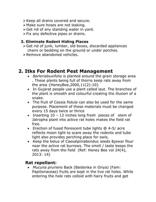 ➢Keep all drains covered and secure.
➢Make sure hoses are not leaking.
➢Get rid of any standing water in yard.
➢Fix any defective pipes or drains.
3. Eliminate Rodent Hiding Places
➢Get rid of junk, lumber, old boxes, discarded appliances
chairs or bedding on the ground or under porches.
➢Remove abandoned vehicles.
2. Itks For Rodent Pest Management
• Barleriabuxifolia is planted around the grain storage area
. These plants being full of thorns keep rats away from
the area {HoneyBee,2000,11(2):10}
• In Gujarat people use a plant called laut. The branches of
the plant is smooth and colourful creating the illusion of a
snake.
• The fruit of Cassia fistula can also be used for the same
purpose. Placement of these materials must be changed
every 15 days twice or thrice
• Inserting 10 – 12 inches long fresh pieces of stem of
Jatropha plant into active rat holes makes the field rat
free.
• Erection of fused florescent tube lights @ 4-5/ acre
reflects moon light to scare away the rodents and tube
light also provides perching place for owls.
• Keep the bolus of Caesalpiniabonduc seeds &jowar flour
near the active rat burrows. The smell / taste keeps the
rats away from the field (Ref: Honey Bee vol 24(4),
2013: 14)
Rat repellant:
• Mucuna pruriens Back (Baidonka in Oriya) (Fam:
Papilionaceae) fruits are kept in the live rat holes. While
entering the hole rats colloid with hairy fruits and get
 