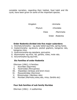 complete narration, regarding their habitat, food habit and life
cycle, have been given on some of the important species.
Kingdom :Animalia
Phylum :Chordata
Class :Mammalia
Order :Rodentia
Order Rodentia divided into five major suborders:
1. Anomaluromorpha – eg.scaly tailed squirrels, spring hares.
2. Castorimorpha- eg.bevers, pocket gophers, kangaroo rats,
kangaroo mice.
3. Hystricomorpha-eg.capybara, porcupine.
4. Myomorpha- eg.mice, rat, gerbils, voles, mole rats.
5. Sciuromorpha-eg.squrrels.
Six Families of order Rodentia
Ellerman (1961): 6 families:
I. Sciuridae (Squirrels)
II. Hystricidae (Porcupines)
III. Dipodidae (Jerboas and birch mice)
IV. Muscardinidae (Dormice)
V. Rhizomydae ( Bamboo rats)
VI. Muridae (Marmots,voles,rats, mice, Gerbils etc)
Four Sub families of sub family Muridae
Ellerman (1961) : 4 subfamilies
 